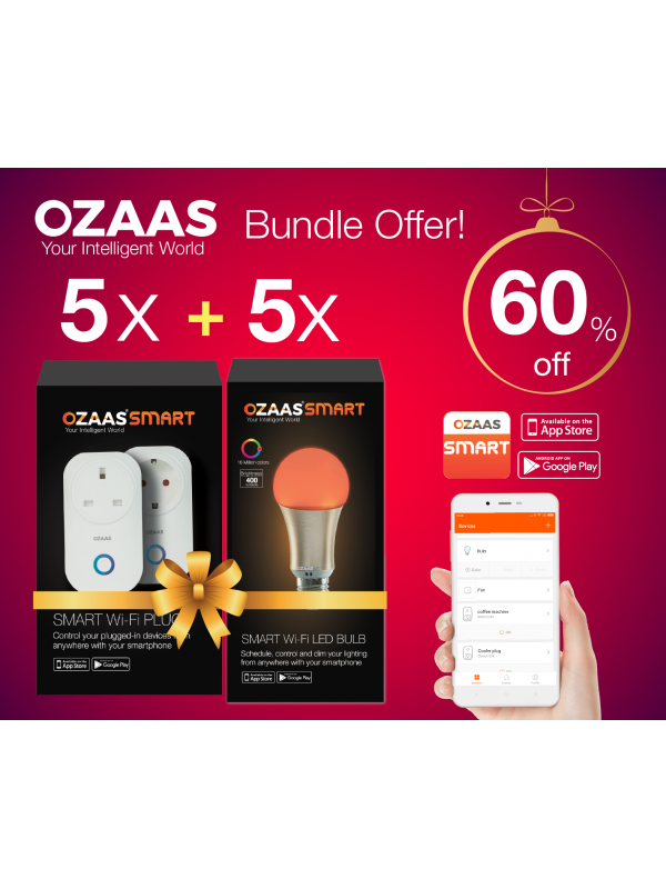 OZAAS Combo Pack SMART WiFi PLUG + BULB (5 Pack bundle), works with Alexa